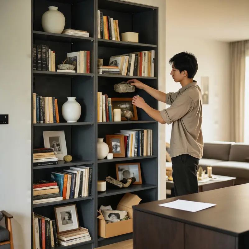 A man pares back an overstyled bookcase, removing excess decor for a calmer look.