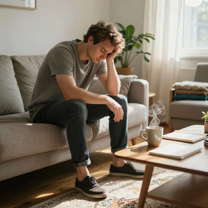A young man rests on a couch in soft morning light, pausing with eyes closed beside a steaming mug.