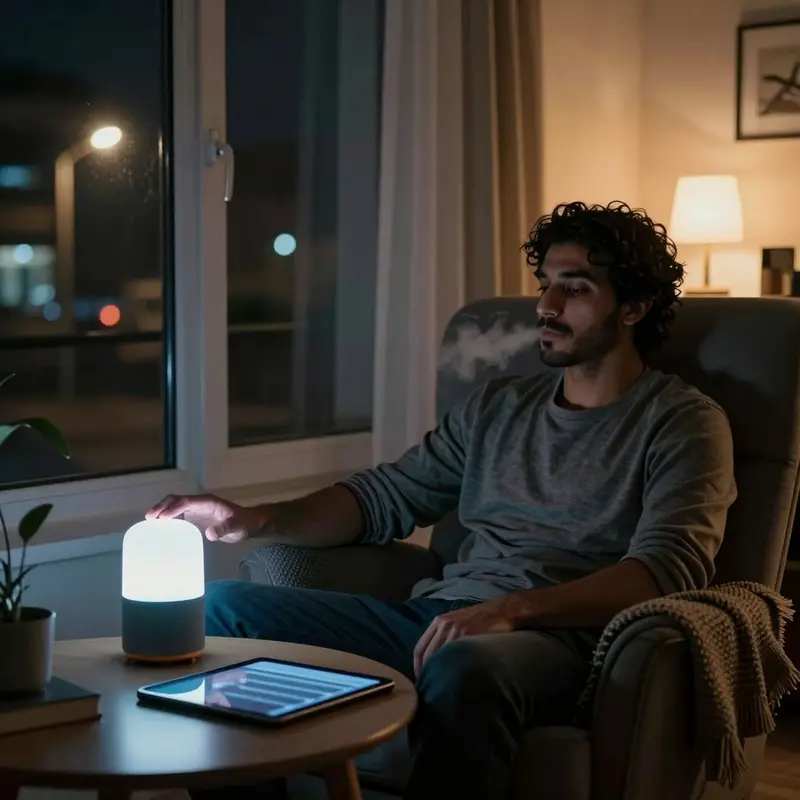 A man switches off a smart device at night, choosing a quieter, more private moment.