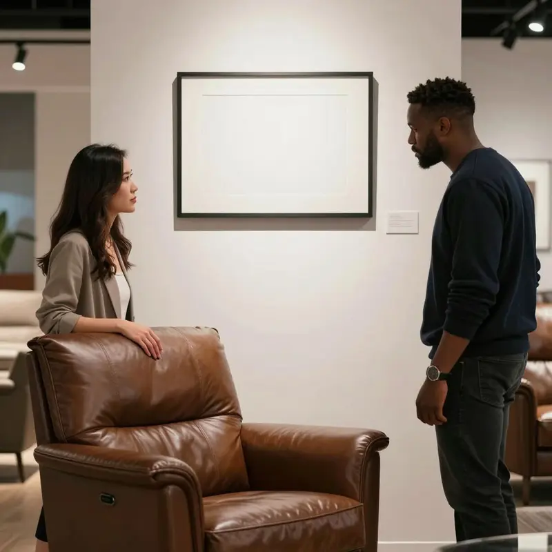 Asian woman and Black man examine a luxury armchair beside a blank certification plaque.
