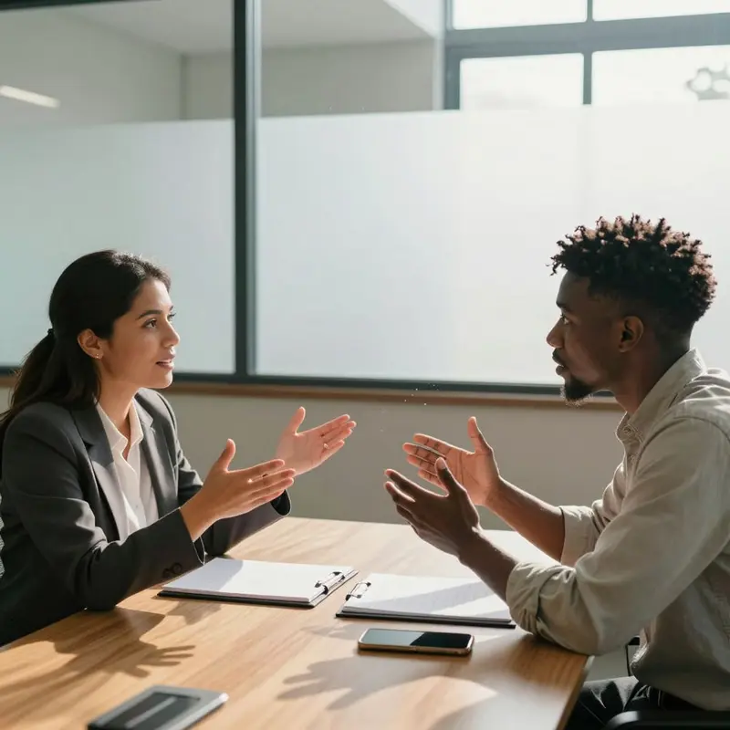 A manager and new hire talk across a conference table, representing a clear and consistent onboarding system.