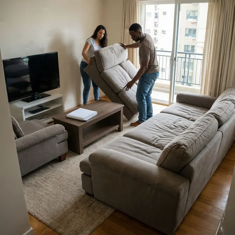A couple prepares to swap an oversized sectional for a slimmer sofa to open up their small living room.
