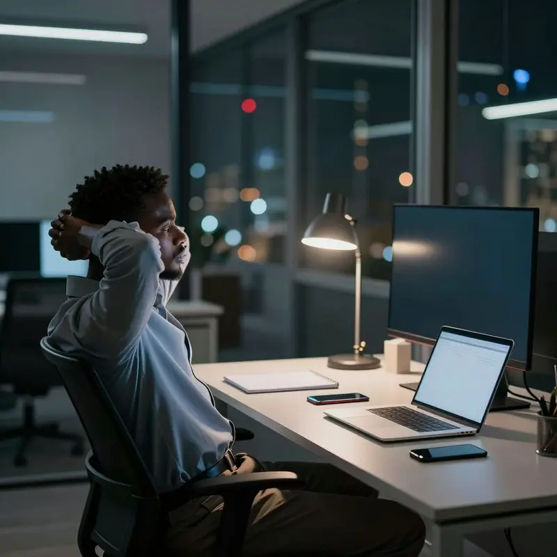 A professional leans back from their desk, phone face down, symbolizing a break from obsessive account checking.