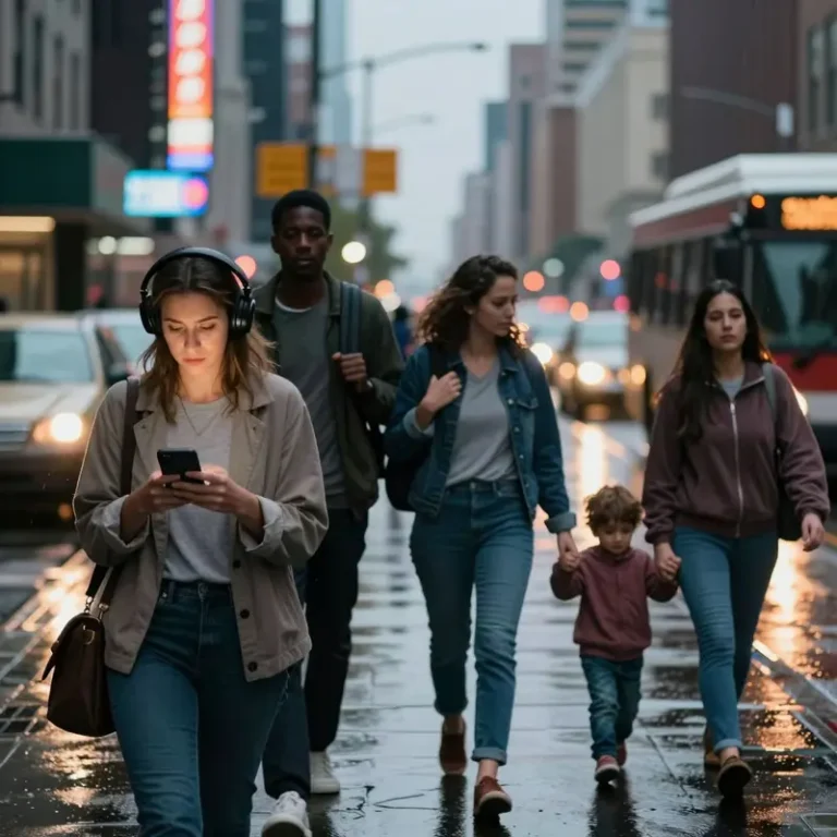 City pedestrians walking on a rainy sidewalk at dusk, each focused on their own path, reflecting the feeling of rising selfish behavior in everyday life.
