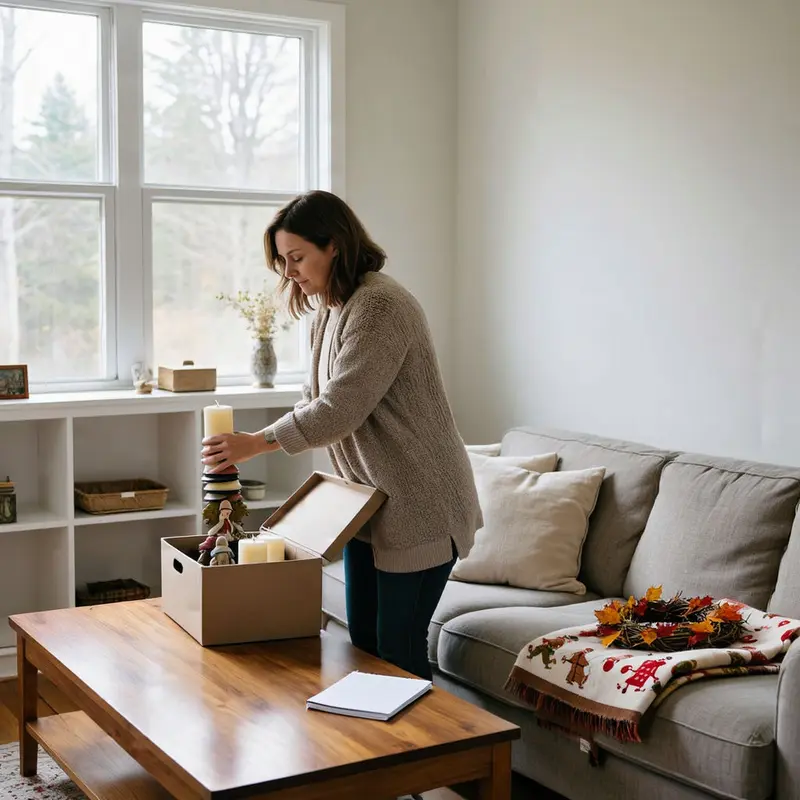 A homeowner packs away leftover seasonal decor to reset a bright, uncluttered living room.