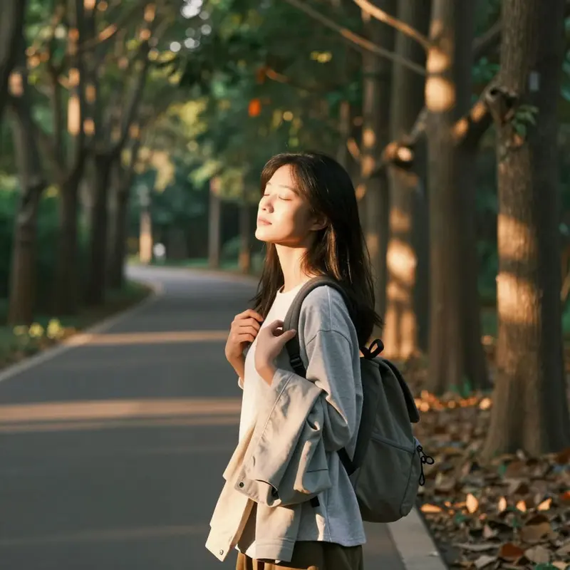 A young woman pauses on a forest path at golden hour, eyes closed and face turned toward the sun.