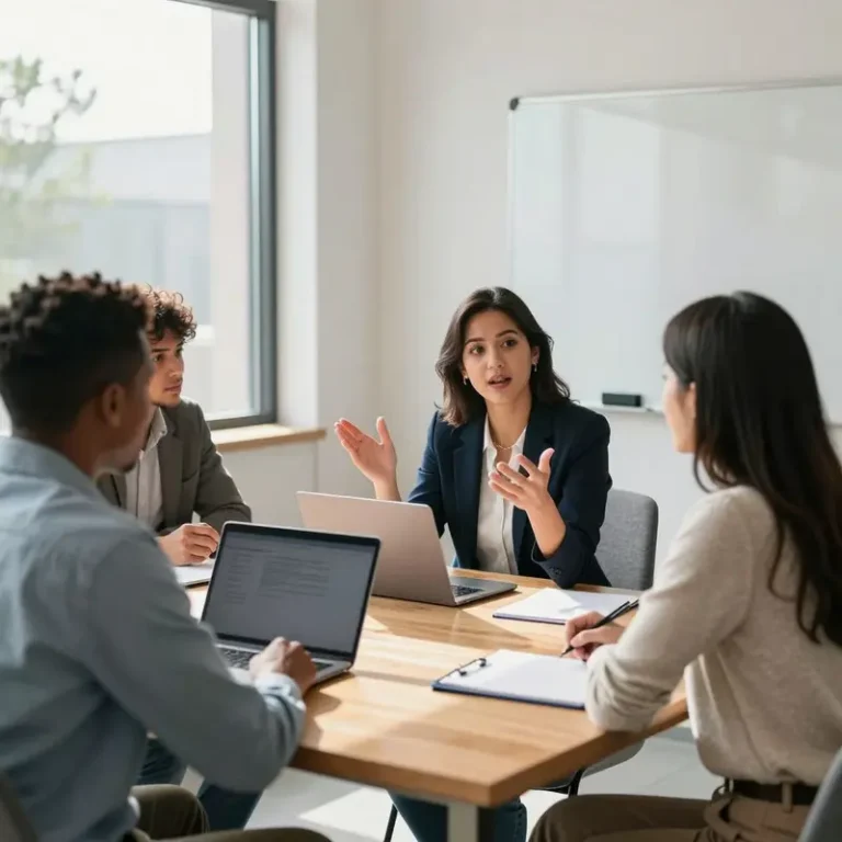 Manager leading new employees through an in-person new hire onboarding process in a bright small office meeting room.
