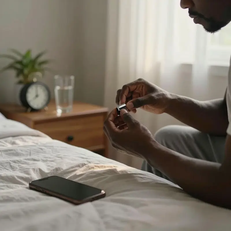 A professional examines a smart ring at sunrise to reflect on sleep and energy patterns.