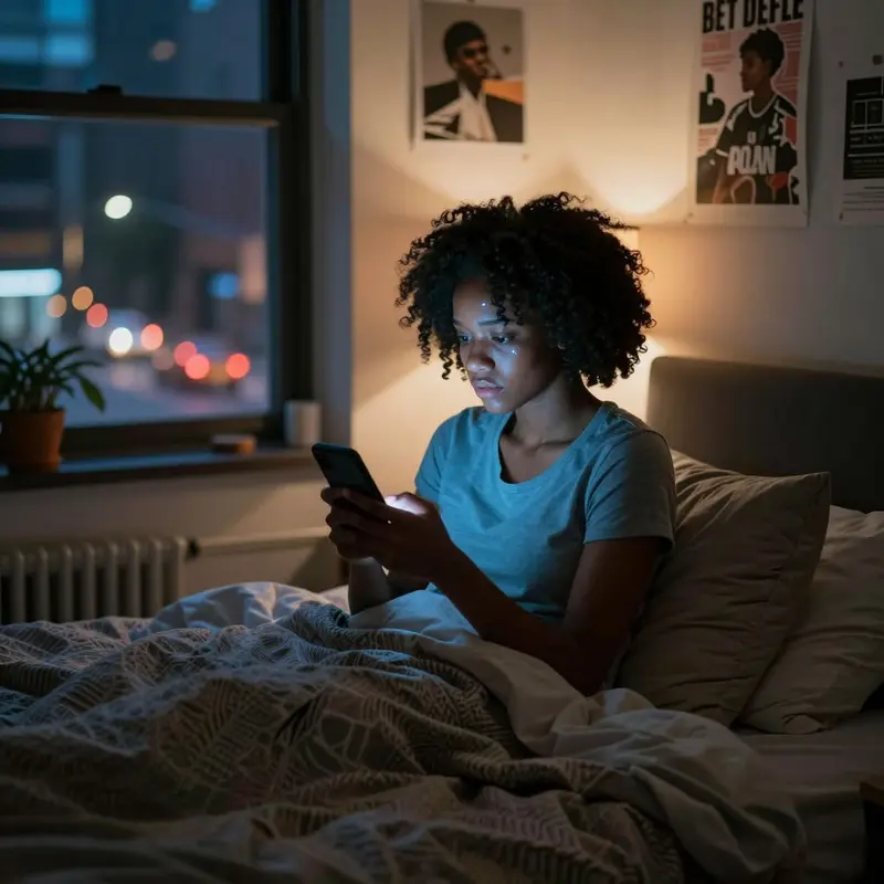 A young woman sits in her bedroom at night, illuminated by her phone as city lights blur outside.