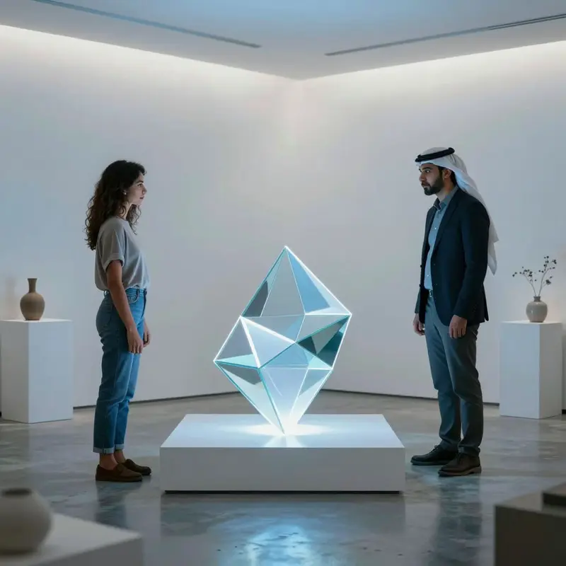 Hispanic woman and Middle Eastern man near a glowing glass sculpture illustrating blockchain in a design studio.