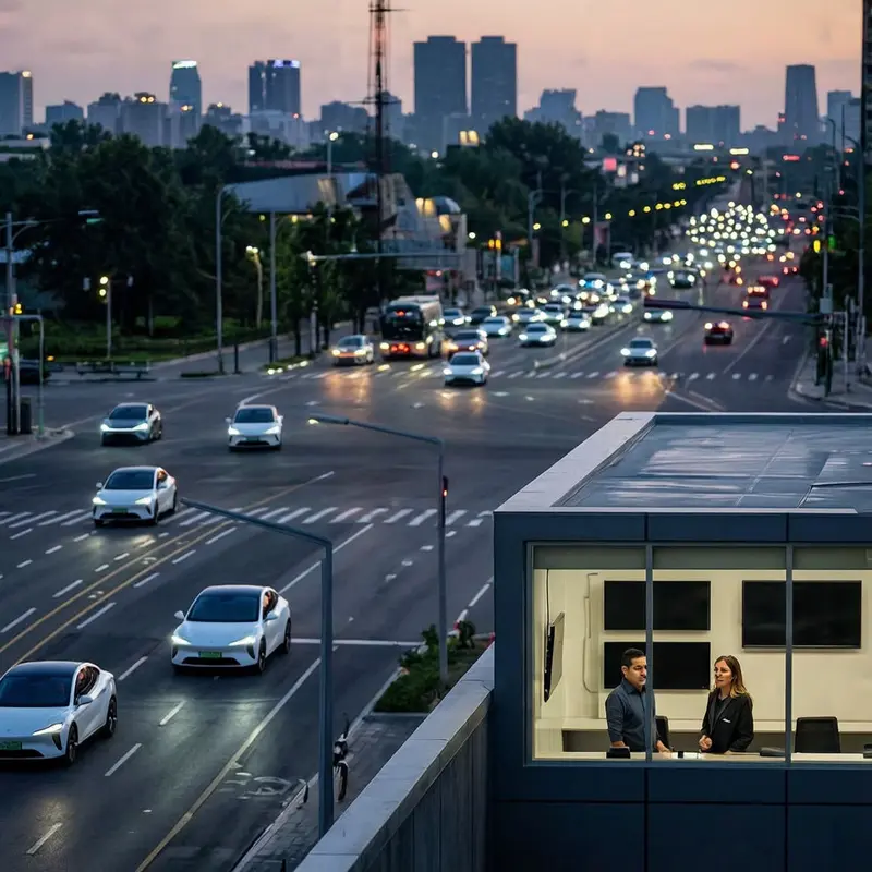 Multiple electric cars move through a dense city grid as two operators watch from a glass-walled control room.