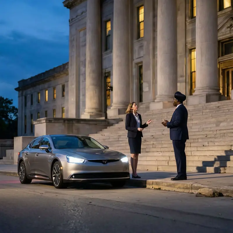 An electric sedan sits outside a government building as two professionals discuss it on the steps.