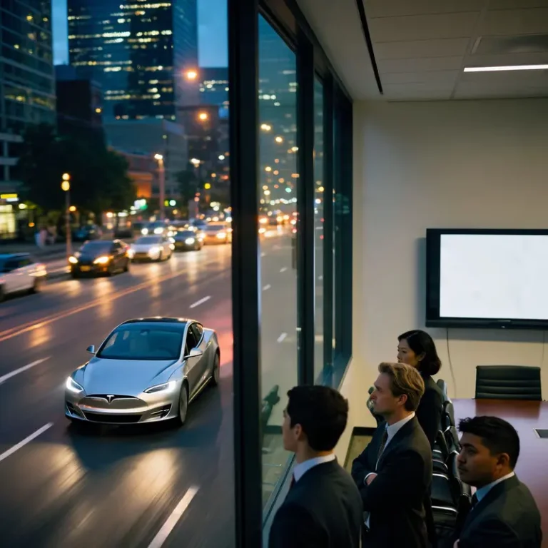 Executives observing a Tesla robotaxi strategy in action as an autonomous electric sedan travels along a city street at night.