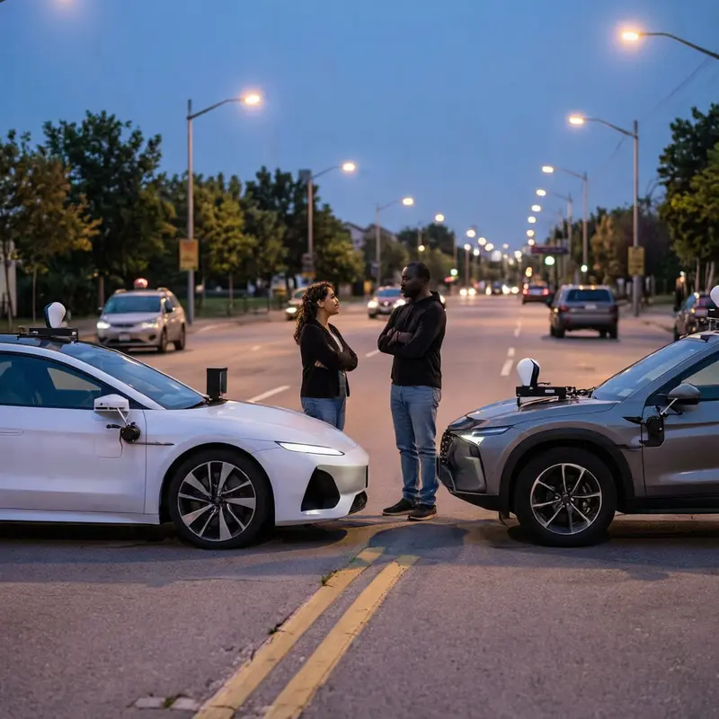 Two contrasting autonomous vehicles face each other as observers compare their designs at twilight.