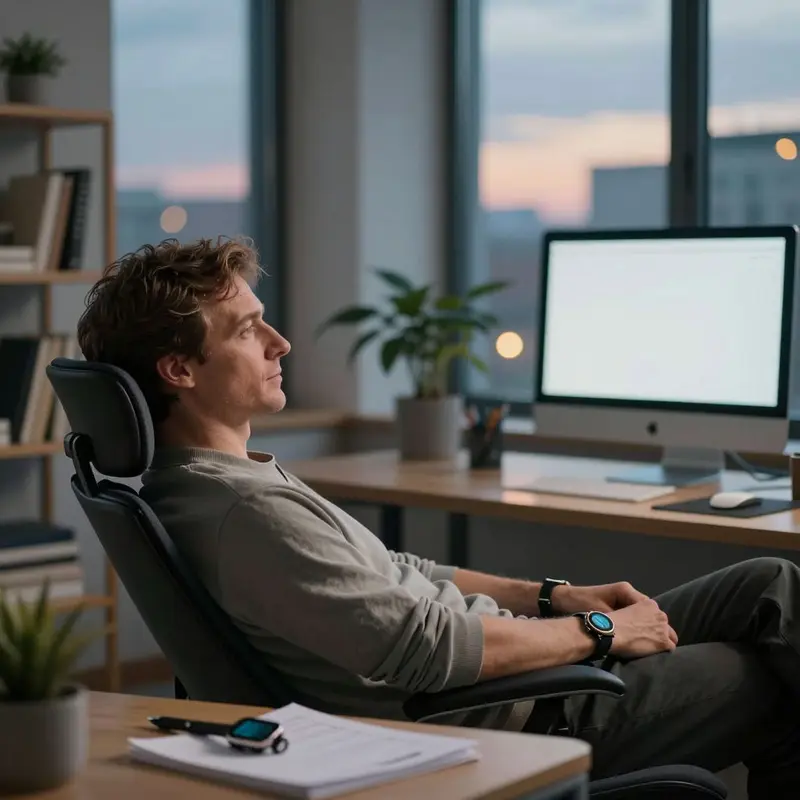 A man relaxes in a studio where subtle tech and analog tools quietly support his routine.