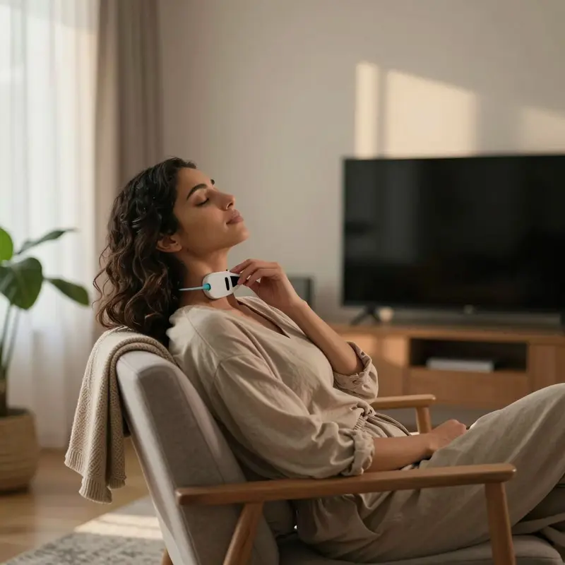 A woman uses a handheld device to relax and activate a calming vagus nerve response.