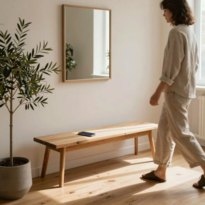 A calm, warm minimalist foyer with natural textures and a dark-screen phone hinting at abandoned decor apps.