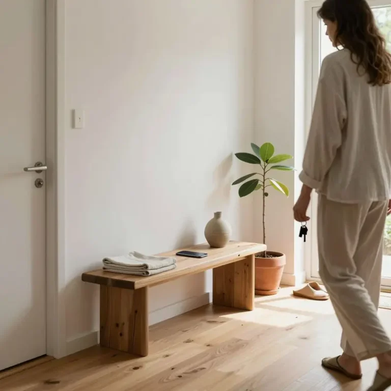 Warm minimalist foyer decor ideas featuring a simple bench, plant, and neatly arranged shoes in a bright, clutter-free entryway.