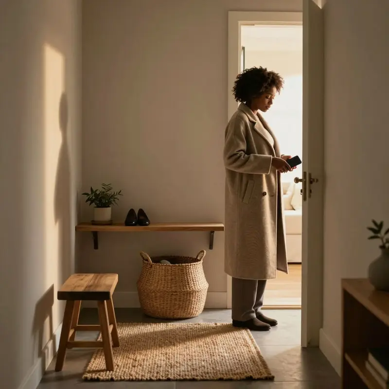 A warm minimalist foyer where a woman pockets her phone, embracing a calm, app-free entryway.