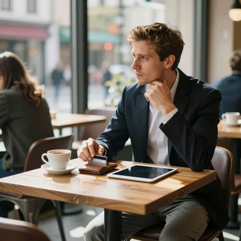A professional pauses over a wallet and card in a café, capturing the strain of constant willpower-driven spending choices.