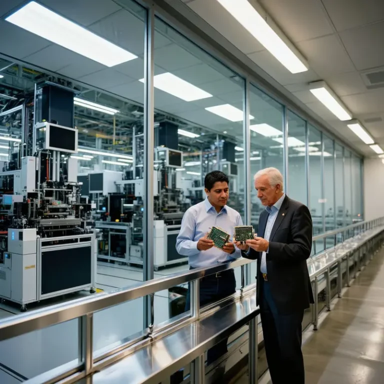 Engineers holding AI chips in front of a semiconductor fabrication line, illustrating AI chips impact on semiconductor industry structure and power.