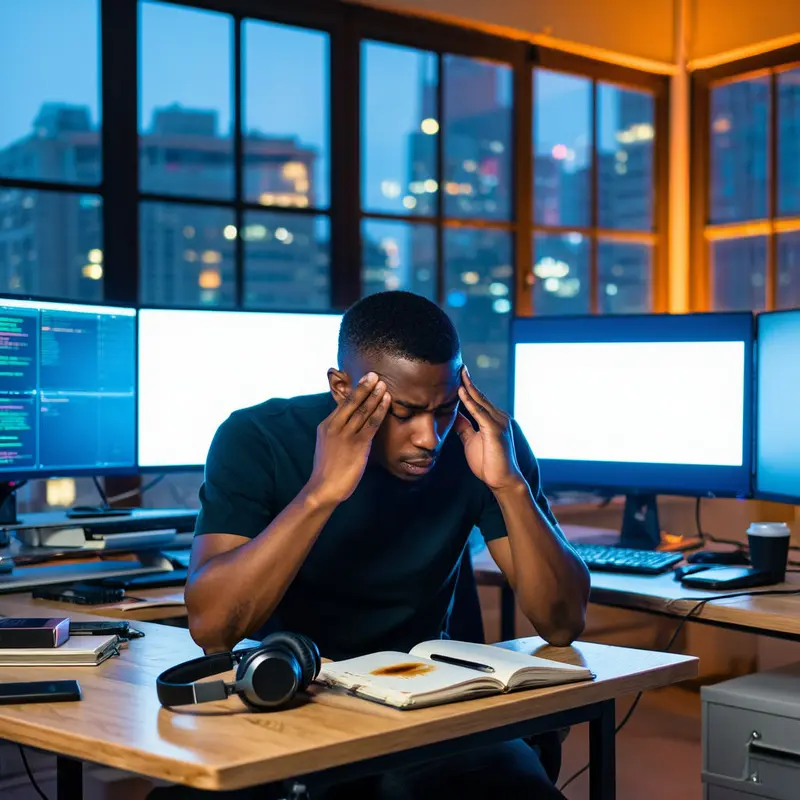 A stressed engineer sits surrounded by dark monitors in a moody startup workspace.