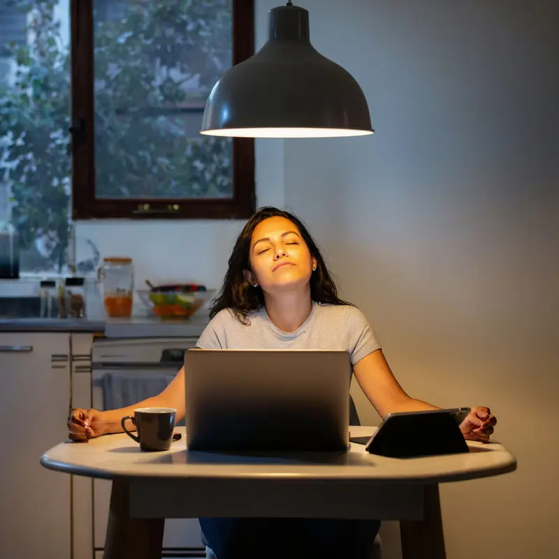 A creator unwinds at her kitchen table, the glow of idle devices suggesting how AI has intensified each rare online visit.