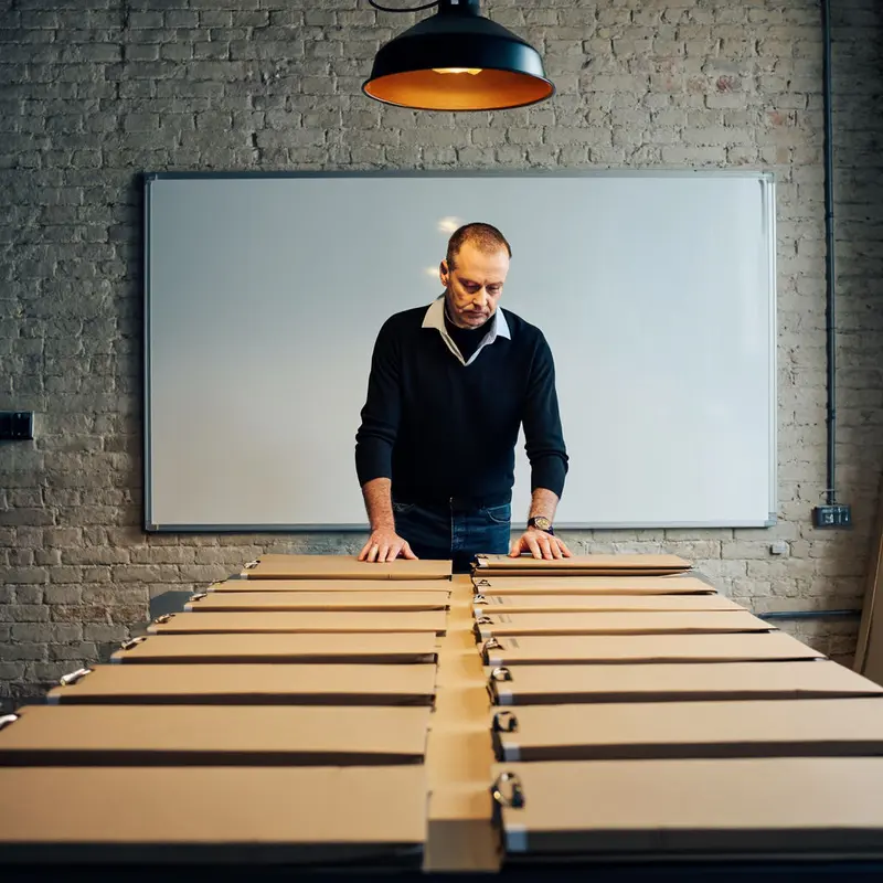 Founder comparing organized folders to analyze competitor capabilities and gaps.
