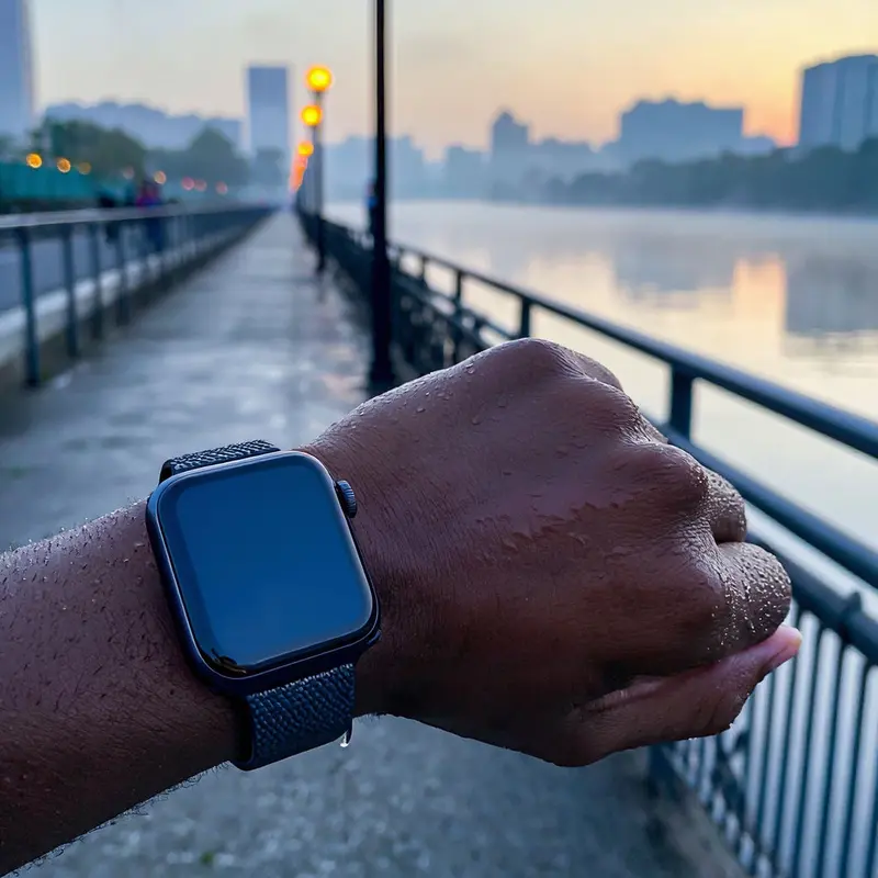 A runner wearing an Apple Watch Series 11 during an early morning workout along a city trail.