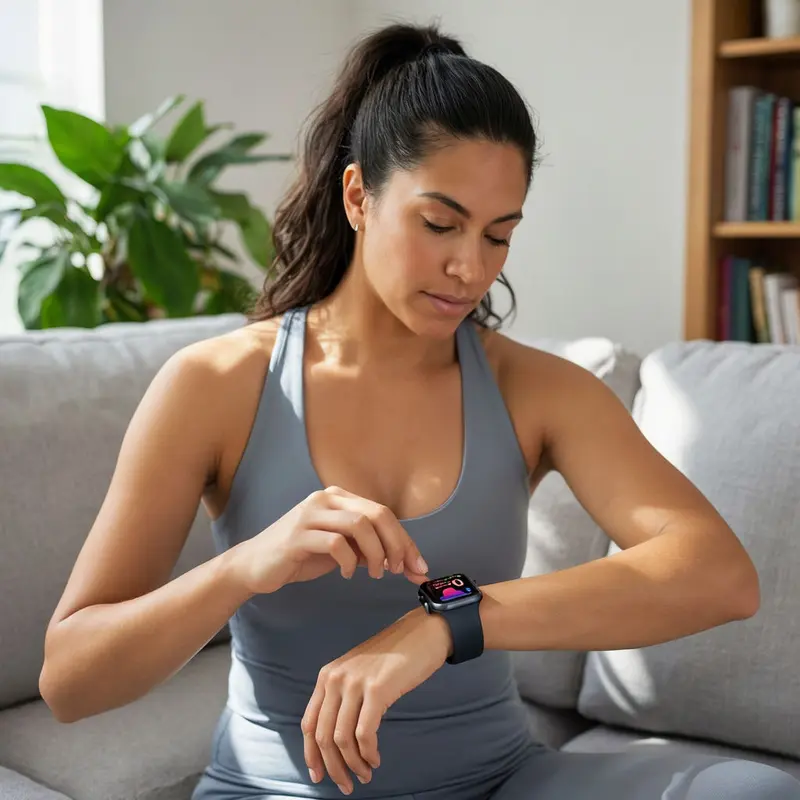 A woman at home checks wellness metrics on her Apple Watch Series 11 during a quiet moment on the sofa.