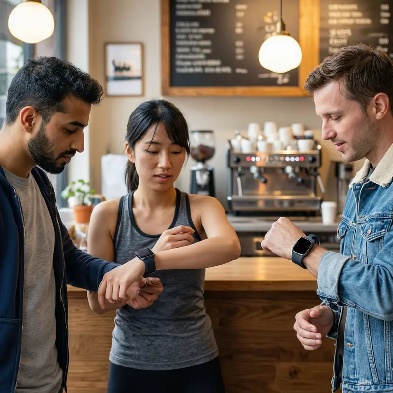 Three friends with different styles compare their Apple Watch models while chatting at a modern café.