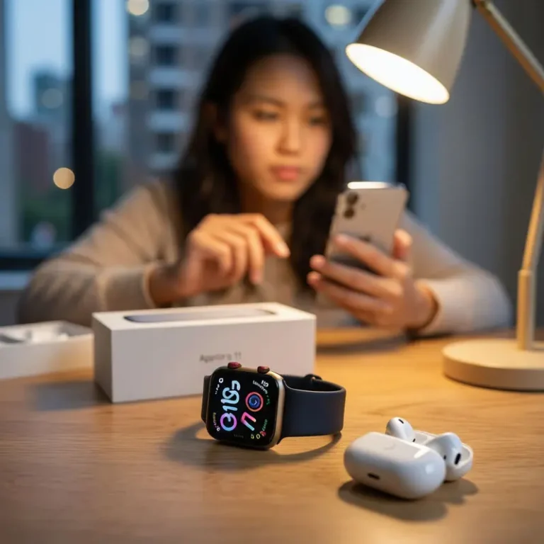 Apple Watch Series 11 on a desk next to its box as a shopper inspects the smartwatch before deciding if the price suits their needs.