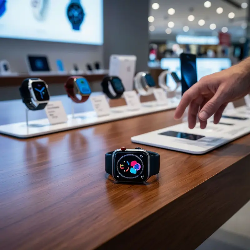 A shopper examines an Apple Watch Series 11 on a retail display surrounded by other discounted models.