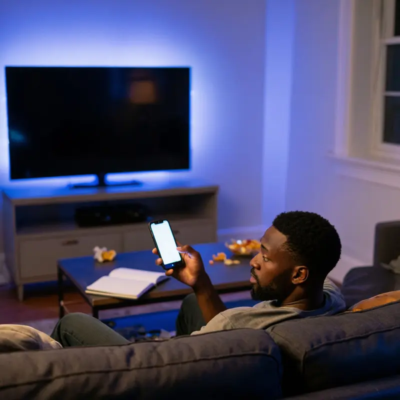 A tired viewer scrolls on the couch, bathed in shifting light that hints at nonstop social feeds demanding attention.