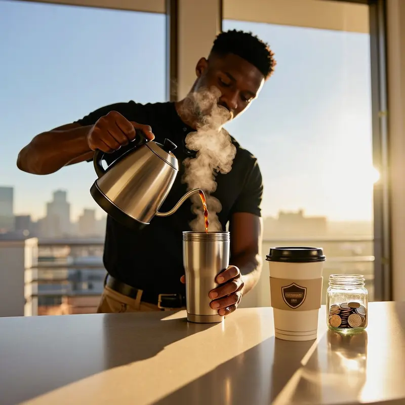 A young professional brews coffee at home beside an untouched takeout cup.