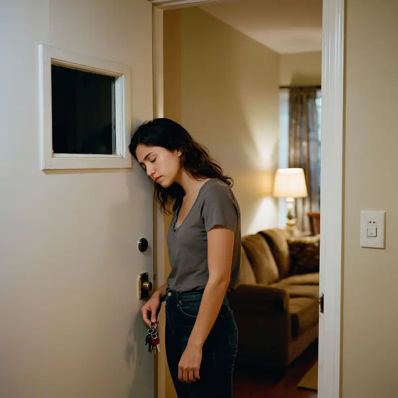 A woman pauses against her front door after a long day, her posture revealing the early signs of social burnout.