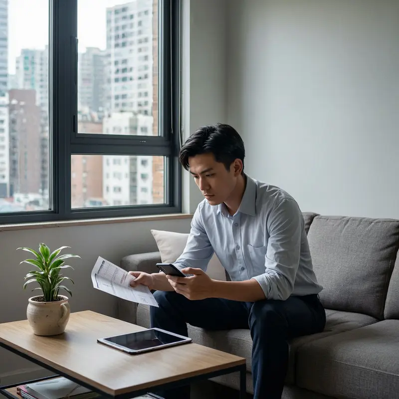 A young professional examines a mobile phone bill while seated on a sofa.