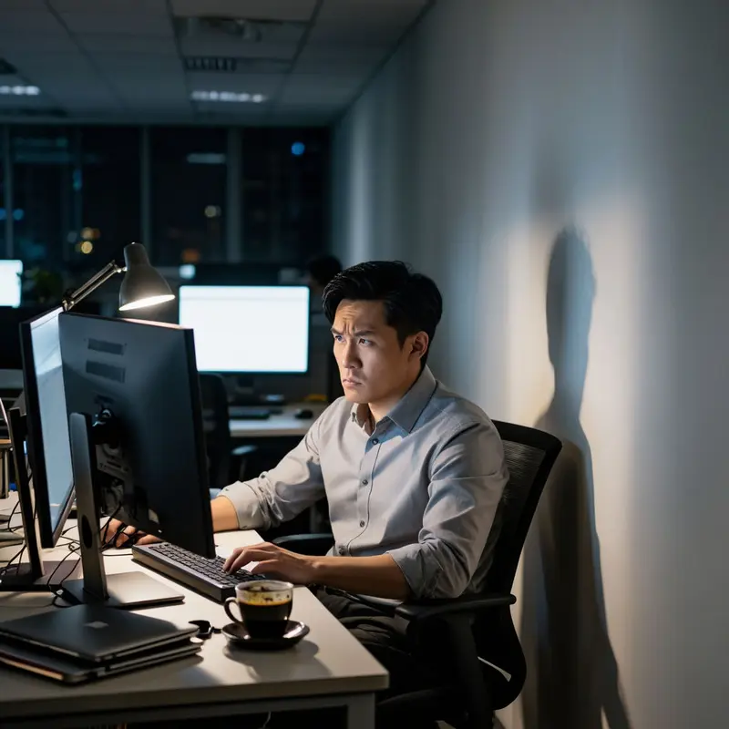 A lone developer stands tense at a desk in a darkened office late at night.