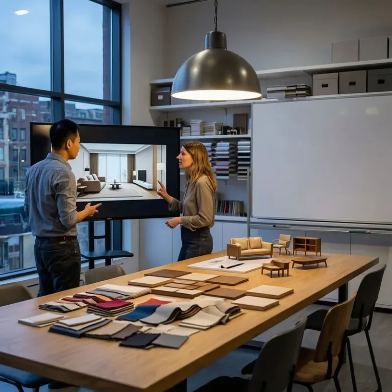 Interior designers examining a 3D interior design visualization on a large screen while standing in an unfinished room.