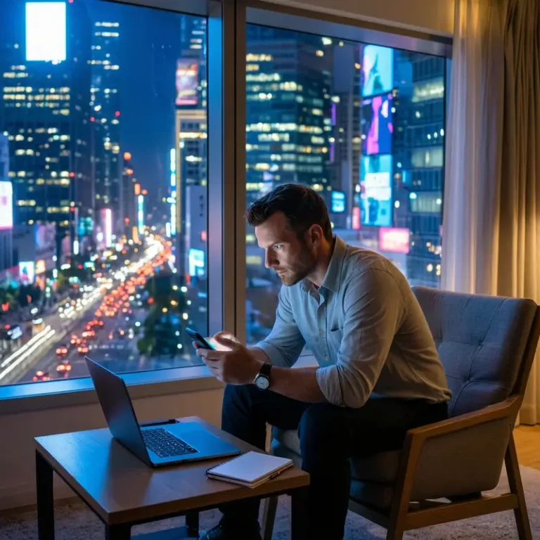 Caucasian man in a high-rise apartment at night holding a glowing phone, with neon city lights outside, illustrating the attention-sucking economy.