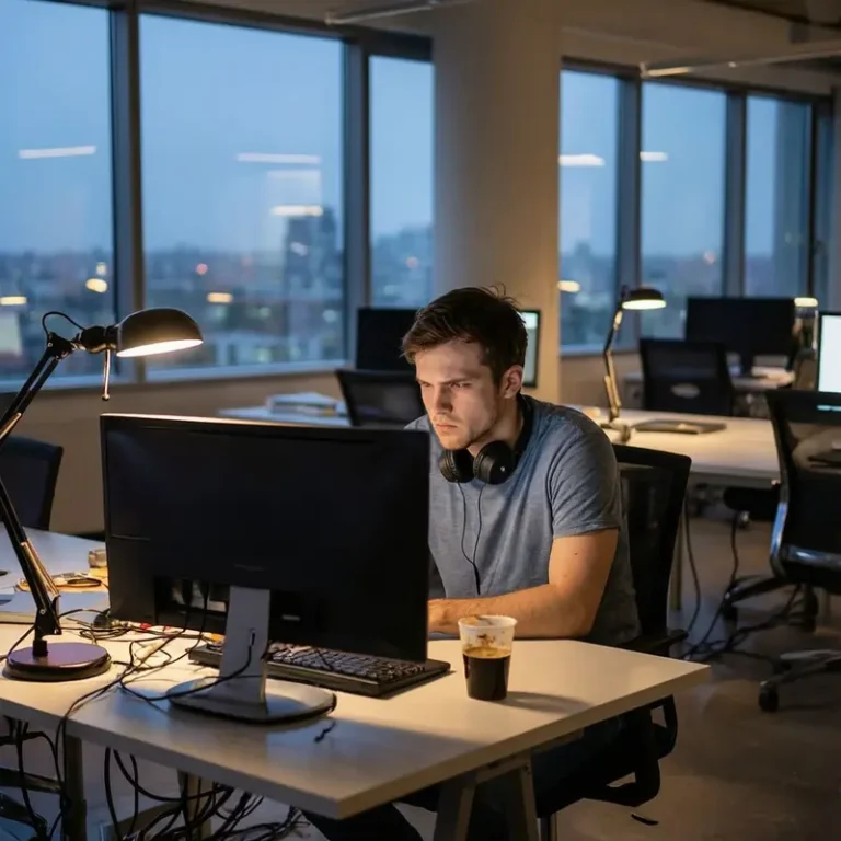 Caucasian developer sitting slumped at a desk in a dim office with a dark monitor, reflecting the modern developer burnout crisis.