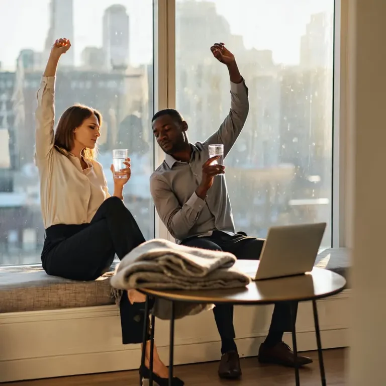 Two adults in a sunlit living room sharing a simple 5 minute morning habit with water and gentle stretching.