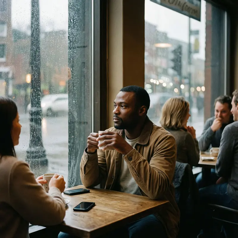 A man sits quietly in a busy café, phone facedown, reflecting on how constant connection has become emotionally costly.