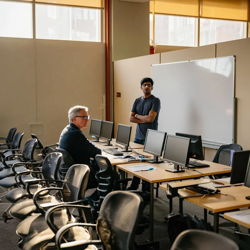 Senior and junior developers stand among empty desks in a quiet engineering office.