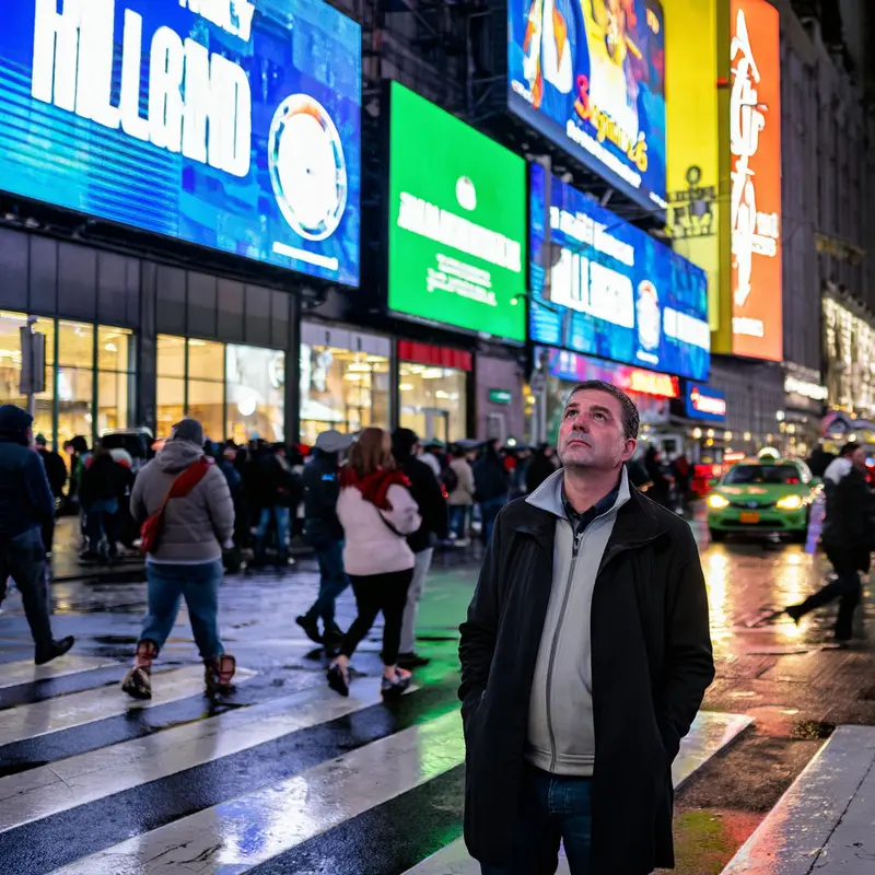 A man pauses on a rainy city street under towering digital billboards, surrounded by glowing ads fighting for his focus.