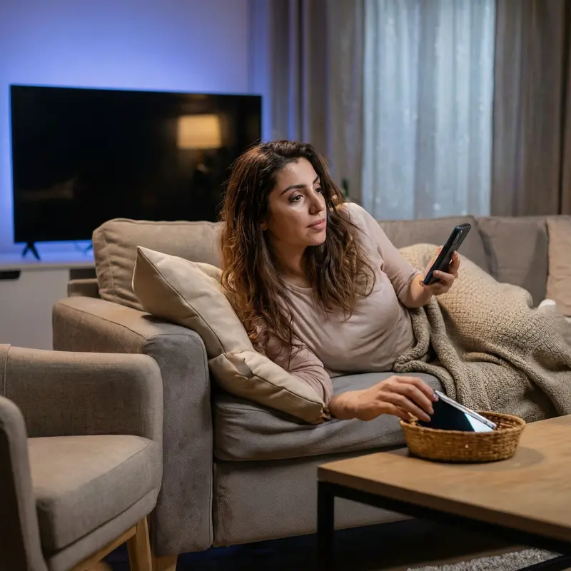 A woman powers down her phone and sets it aside in a quiet living room, embracing a small digital detox at home.