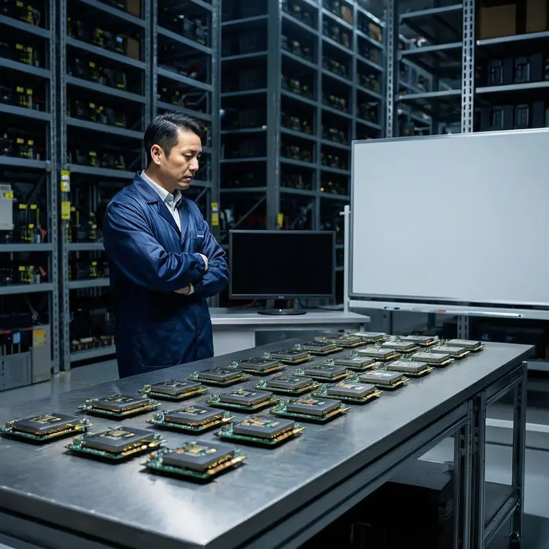 An engineer observes rows of high-end AI accelerator boards arranged in a dim semiconductor warehouse.