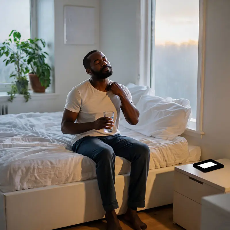 A man calmly follows a simple five-minute sequence of water, breathing, and light movement.