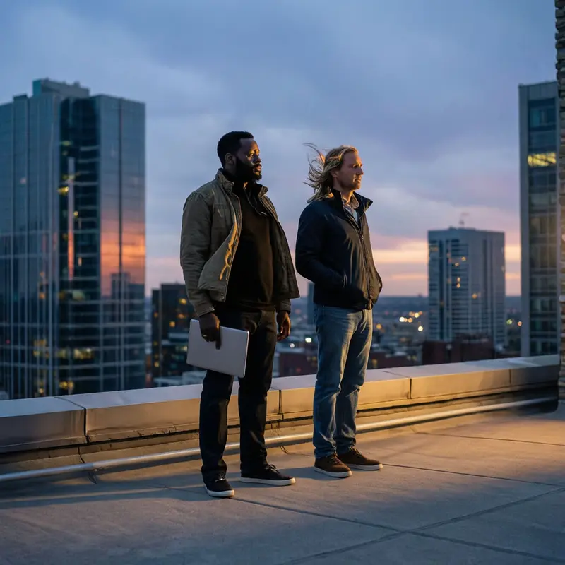 Co-founders studying the city skyline, contemplating untapped market gaps.
