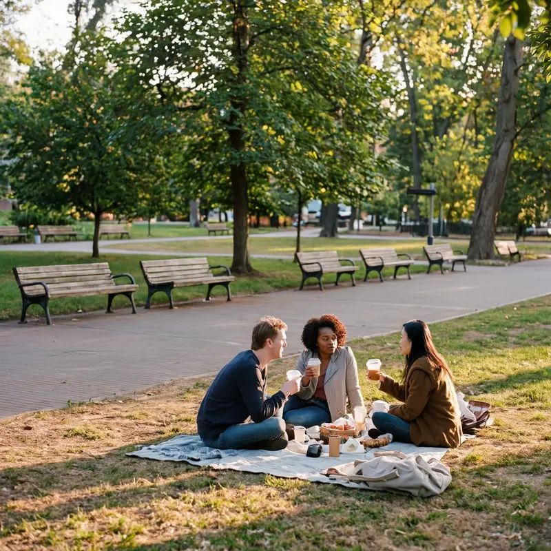 A small group of friends share a calm conversation in a quiet park, modeling slower, more intentional community building.